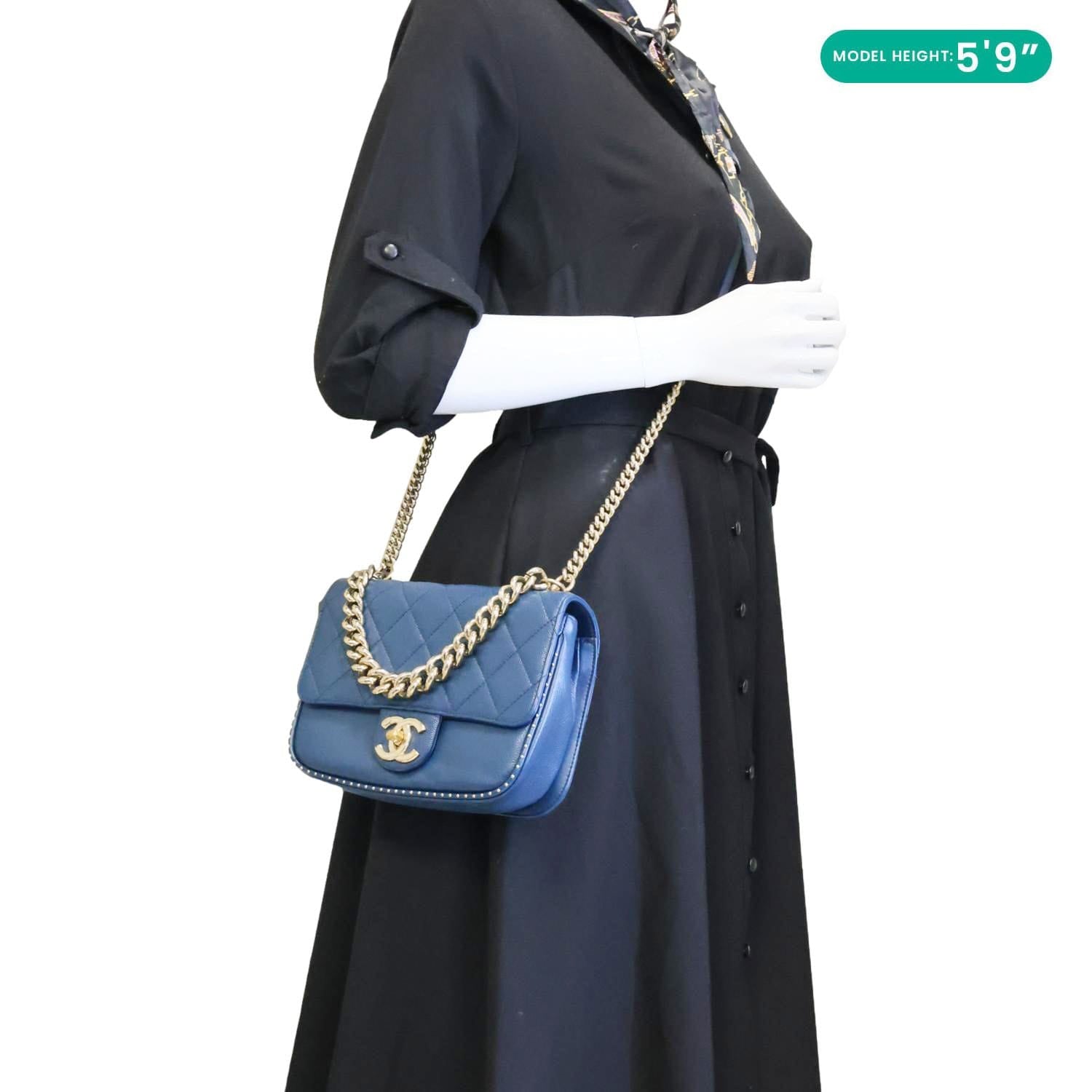 CHANEL Studded Straight Lined Flap Small Quilted Caviar Leather Crossb