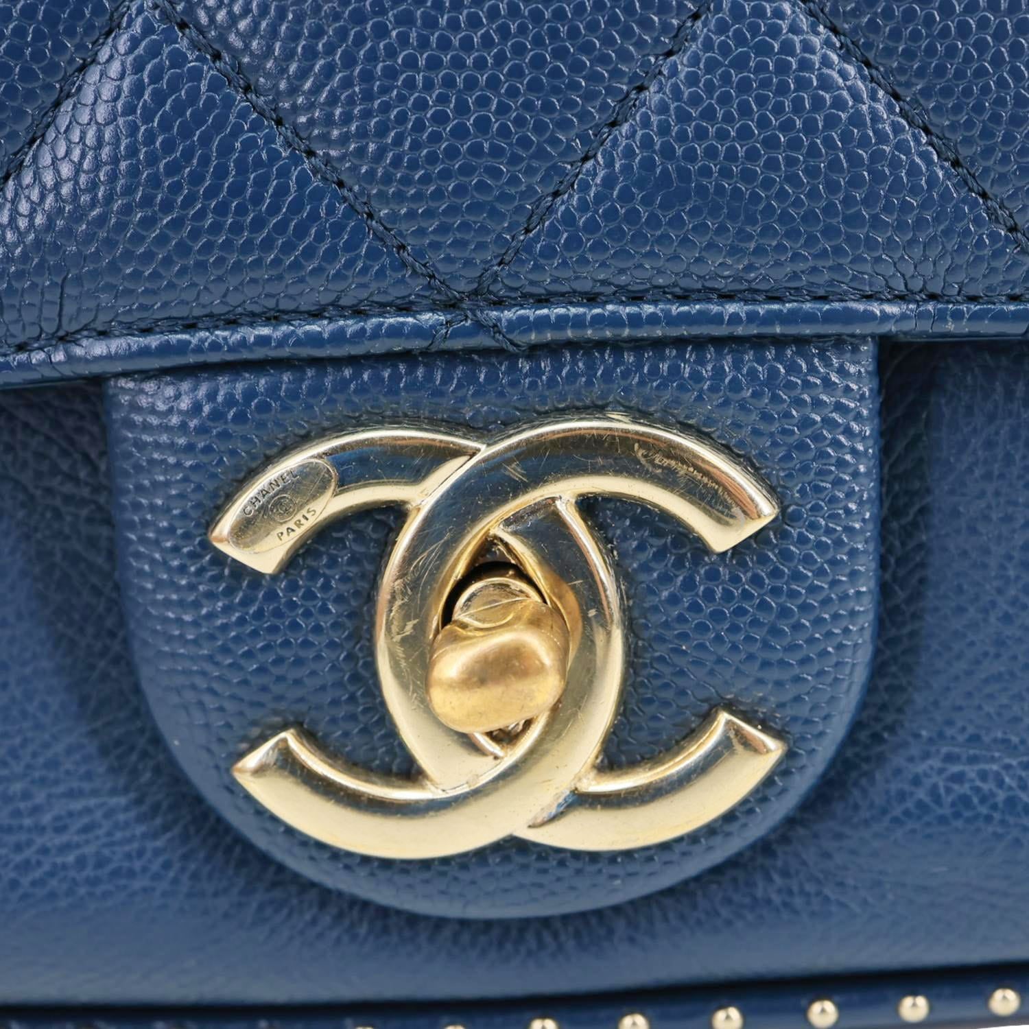 CHANEL Studded Straight Lined Flap Small Quilted Caviar Leather Crossb