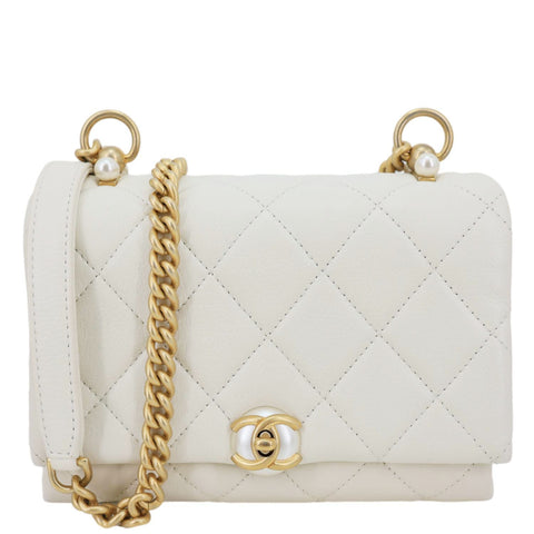 CHANEL Pearl CC Accordion Flap Quilted Calfskin Leather Shoulder Bag White