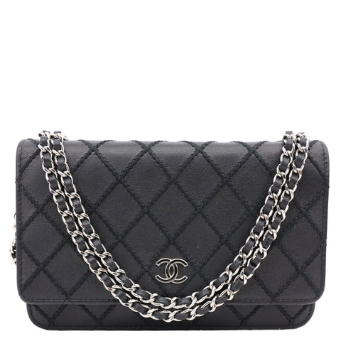 CHANEL Diamond Stitch Wallet On Chain Calfskin WOC Crossbody Bag Black