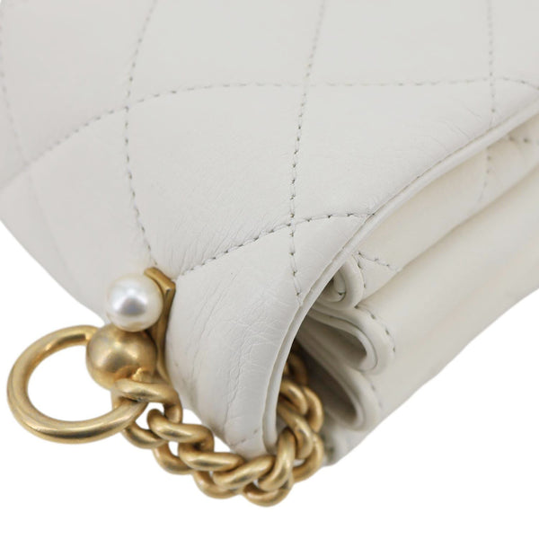 CHANEL Pearl CC Accordion Flap Quilted Calfskin Leather Shoulder Bag White