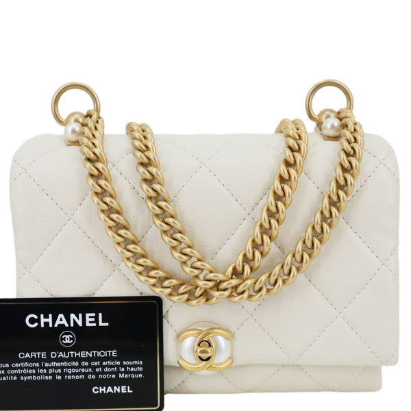 CHANEL Pearl CC Accordion Flap Quilted Calfskin Leather Shoulder Bag White