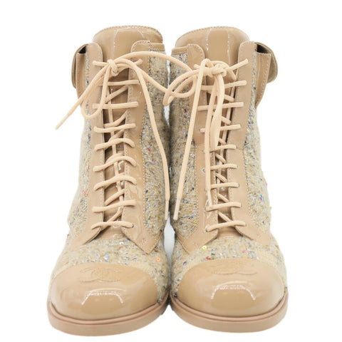 CHANEL Tweed Patent Leather Combat Boots Tan Size 37.5