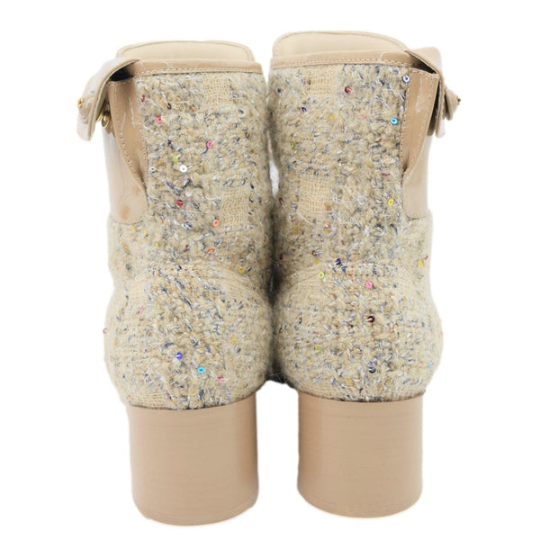 CHANEL Tweed Patent Leather Combat Boots Tan Size 37.5