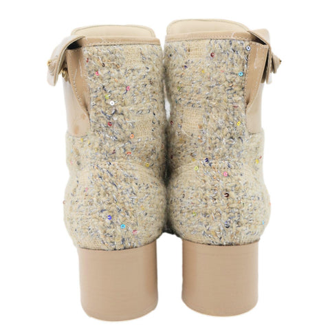 CHANEL Tweed Patent Leather Combat Boots Tan Size 37.5