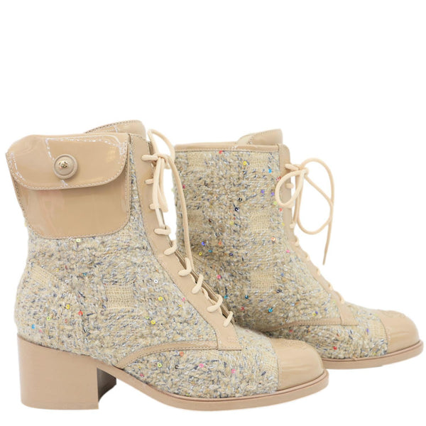 CHANEL Tweed Patent Leather Combat Boots Tan Size 37.5