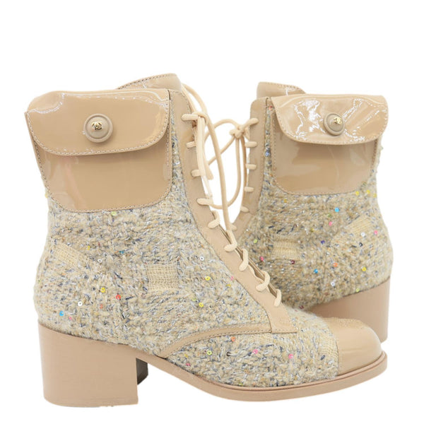CHANEL Tweed Patent Leather Combat Boots Tan Size 37.5