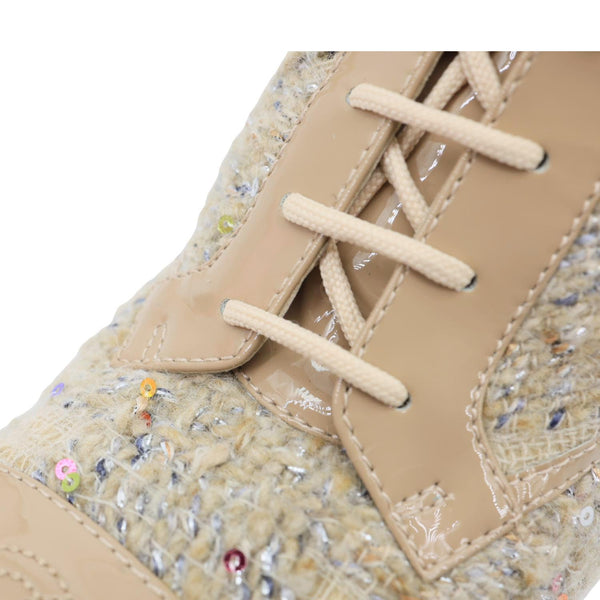 CHANEL Tweed Patent Leather Combat Boots Tan Size 37.5