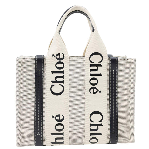 CHLOE Woody Small Linen Canvas Tote Bag Off White