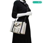 CHLOE Woody Small Linen Canvas Tote Bag Off White
