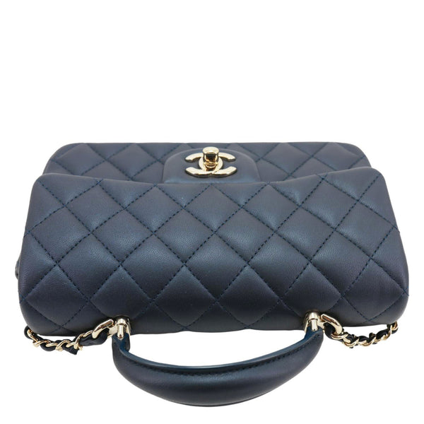 CHANEL Rectangular Flap Mini Quilted Lambskin Leather Top Handle Crossbody Bag Blue