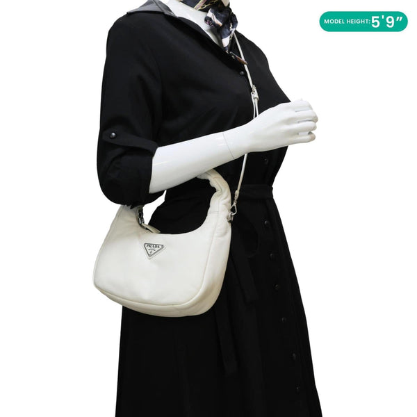 PRADA Padded Nappa Leather Hobo Bag White