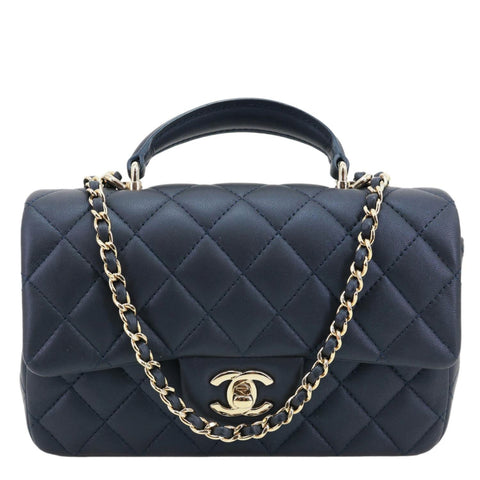 CHANEL Rectangular Flap Mini Quilted Lambskin Leather Top Handle Crossbody Bag Blue