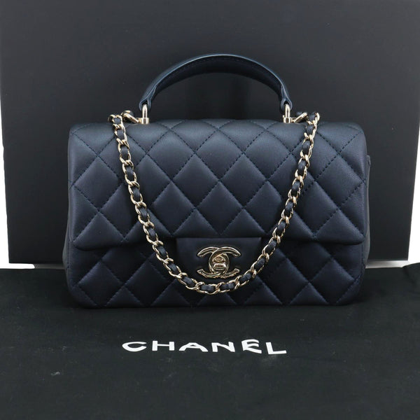 CHANEL Rectangular Flap Mini Quilted Lambskin Leather Top Handle Crossbody Bag Blue