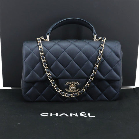 CHANEL Rectangular Flap Mini Quilted Lambskin Leather Top Handle Crossbody Bag Blue