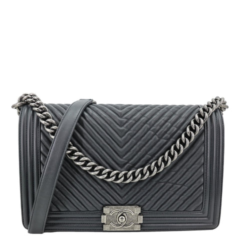 CHANEL Boy Flap Medium Chevron Leather Shoulder Bag Black