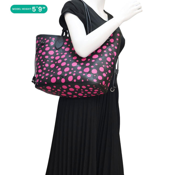 LOUIS VUITTON x YK Neverfull MM Infinity Dots Empreinte Leather Tote Bag Fuchsia