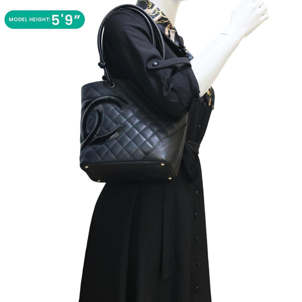 CHANEL Cambon Medium Quilted Calfskin Leather Tote Bag Black