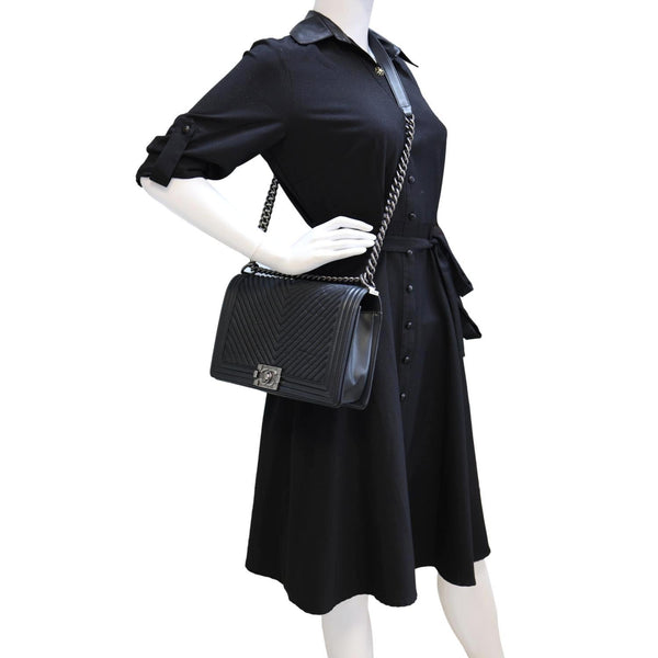 CHANEL Boy Flap Medium Chevron Leather Shoulder Bag Black