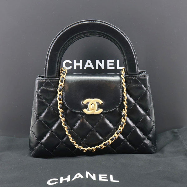 CHANEL Kelly Nano Quilted Aged Calfskin Leather Top Handle Shoulder Bag Black