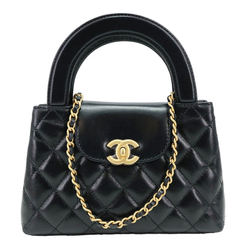 CHANEL Kelly Nano Quilted Aged Calfskin Leather Top Handle Shoulder Bag Black