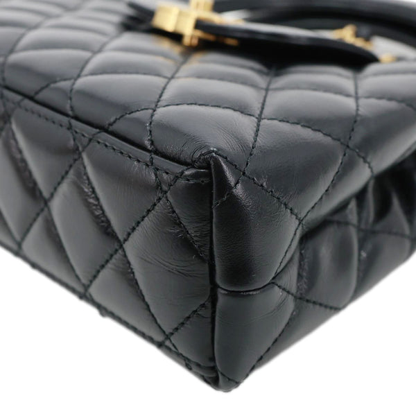 CHANEL Kelly Nano Quilted Aged Calfskin Leather Top Handle Shoulder Bag Black