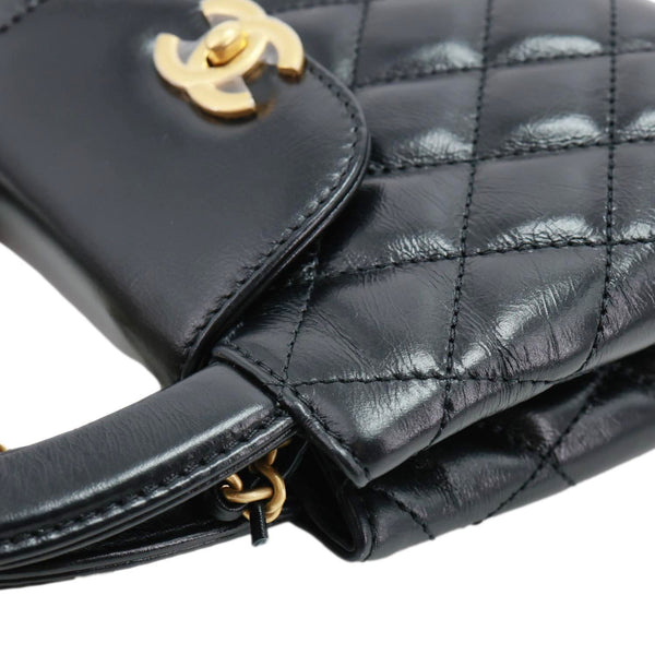 CHANEL Kelly Nano Quilted Aged Calfskin Leather Top Handle Shoulder Bag Black
