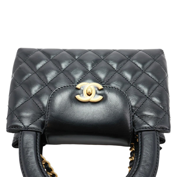 CHANEL Kelly Nano Quilted Aged Calfskin Leather Top Handle Shoulder Bag Black