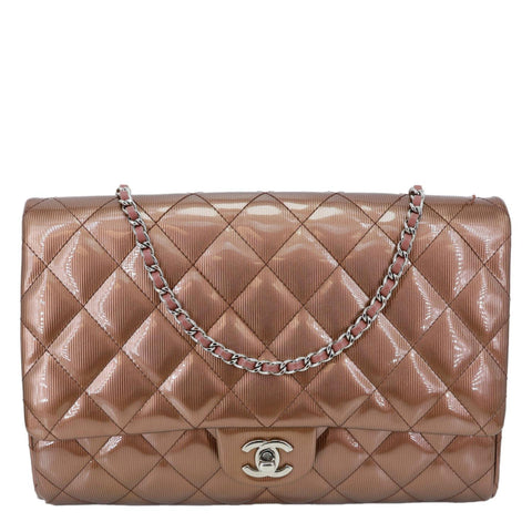 CHANEL Classic Flap Quilted Striated Patent Leather Shoulder Bag Bronze