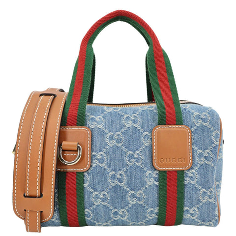 GUCCI Mini GG Denim Calfskin Web Satchel Bag Light Blue 859975