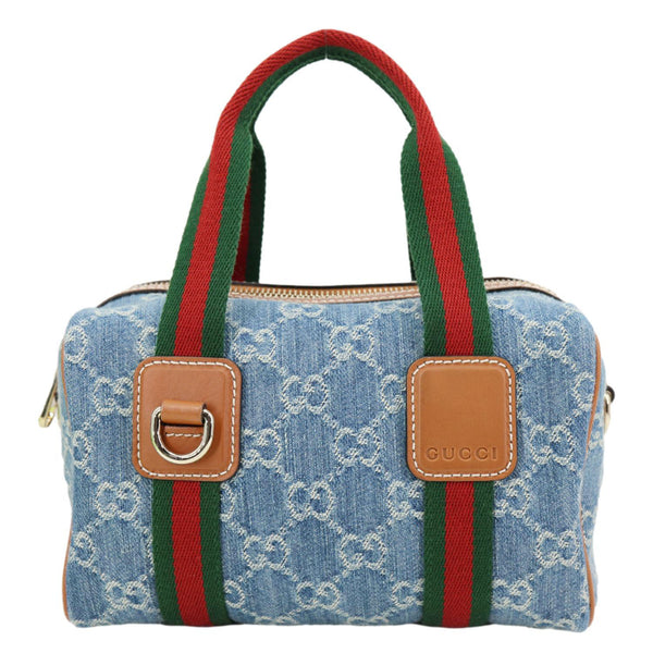 GUCCI Mini GG Denim Calfskin Web Satchel Bag Light Blue 859975