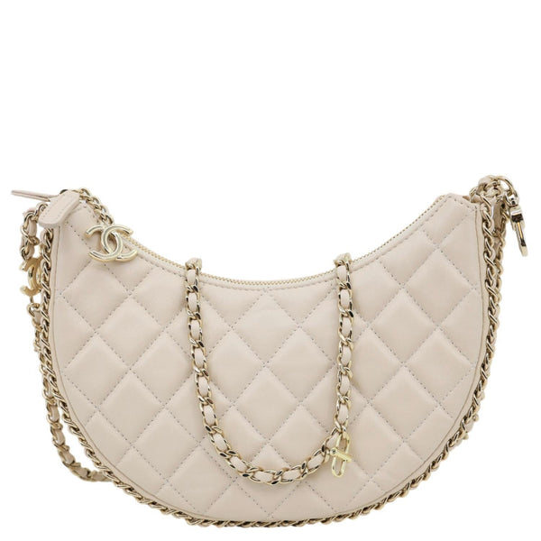 CHANEL Moon Small Quilted Lambskin Leather Hobo Bag Off White