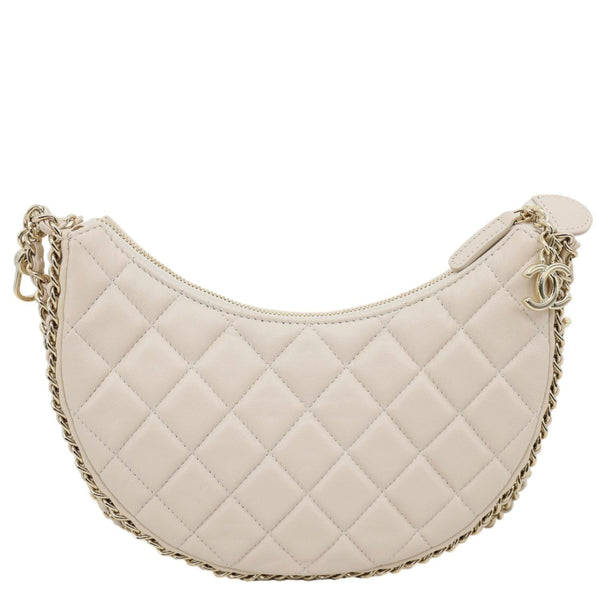 CHANEL Moon Small Quilted Lambskin Leather Hobo Bag Off White