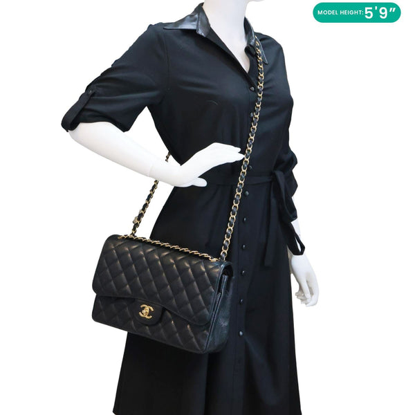 CHANEL Classic Double Flap Jumbo Quilted Caviar Leather Shoulder Bag Black