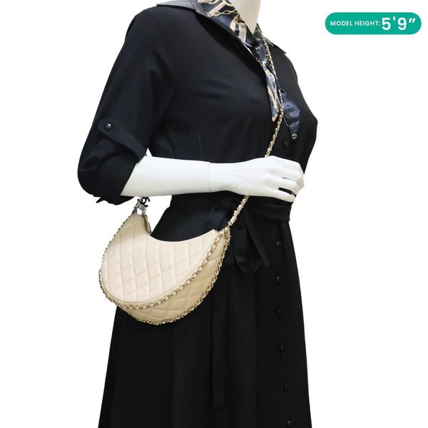 CHANEL Moon Small Quilted Lambskin Leather Hobo Bag Off White
