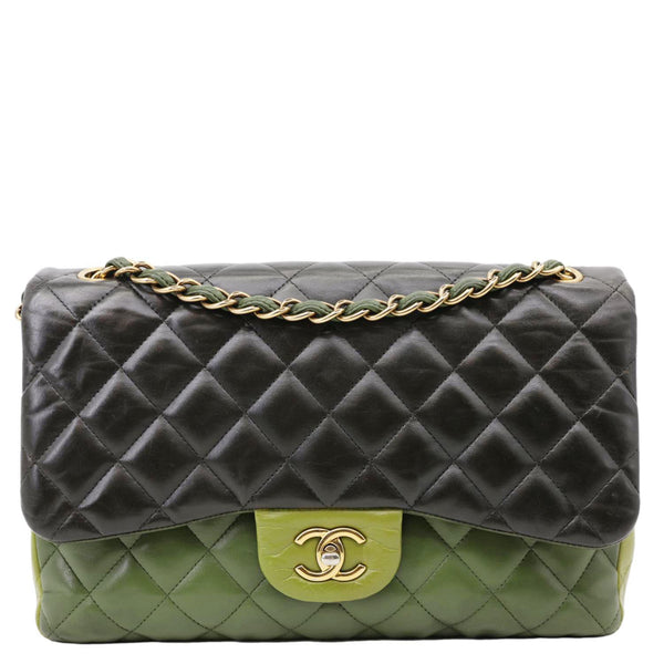 CHANEL Classic Jumbo Double Flap Quilted Lambskin Leather Shoulder Bag Green