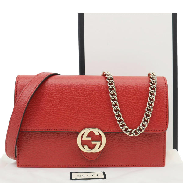 GUCCI Dollar Interlocking G Calfskin Leather Chain Wallet Crossbody Bag Red 510314