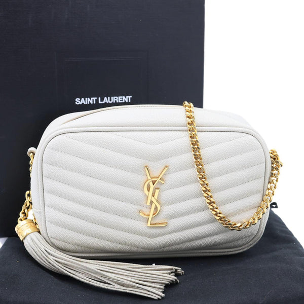 YVES SAINT LAURENT Lou Mini Chevron Leather Camera Crossbody Bag White