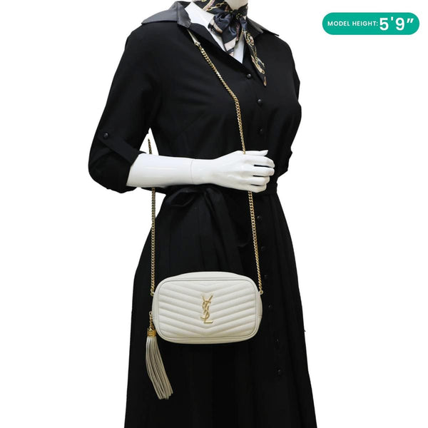 YVES SAINT LAURENT Lou Mini Chevron Leather Camera Crossbody Bag White