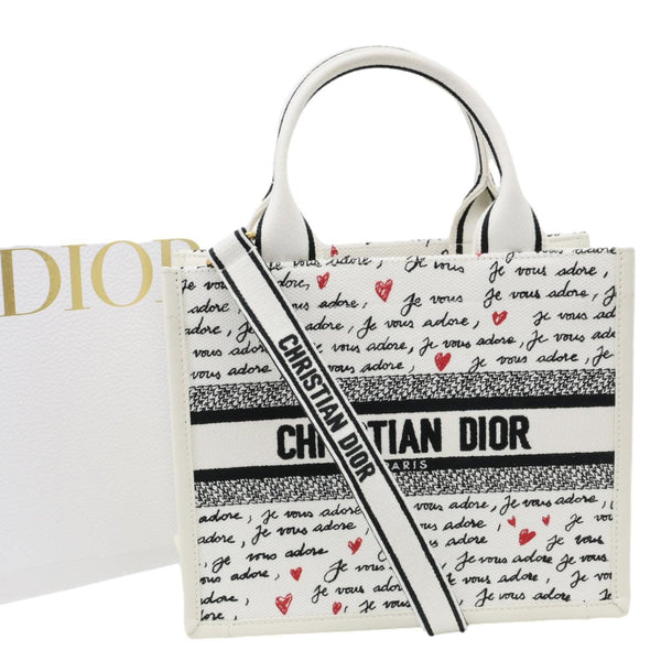 CHRISTIAN DIOR Book Small Dioramour Je Vous Adore Embroidered Canvas Tote Bag White