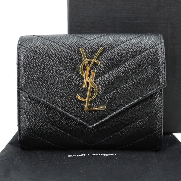 YVES SAINT LAURENT Cassandra Small Matelasse Grain De Poudre Compact Tri Fold Wallet Black