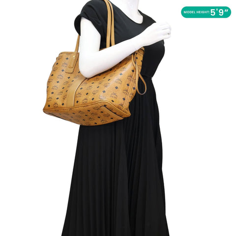 MCM Reversible Liz Medium Visetos Canvas Shopper Tote Bag Cognac