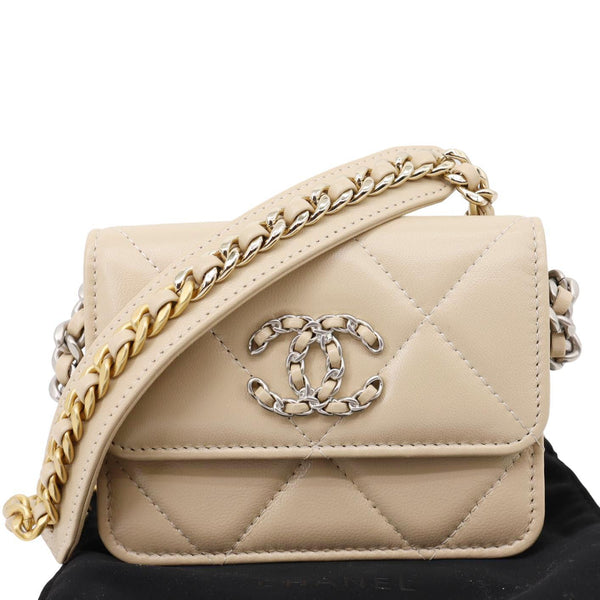 CHANEL 19 Flap Coin Purse Quilted Leather Chain Shoulder Bag Cream