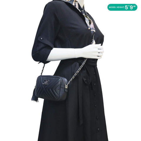 CHANEL CC Tassel Mini Diagonal Chevron Leather Camera Bag Black