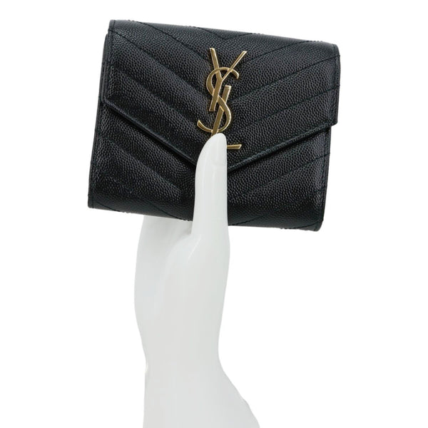 YVES SAINT LAURENT Cassandra Small Matelasse Grain De Poudre Compact Tri Fold Wallet Black