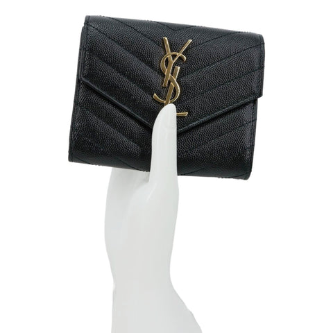 YVES SAINT LAURENT Cassandra Small Matelasse Grain De Poudre Compact Tri Fold Wallet Black