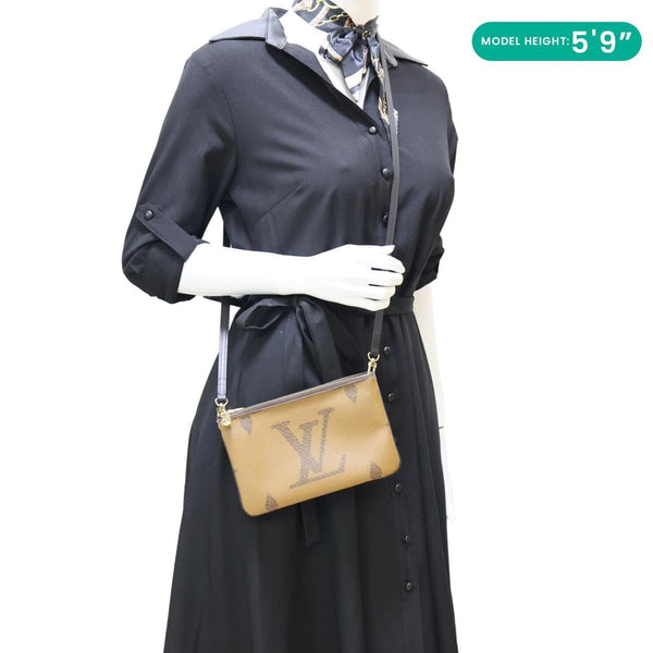 LOUIS VUITTON Double Zip Pochette Monogram Reverse Canvas Crossbody Bag Brown