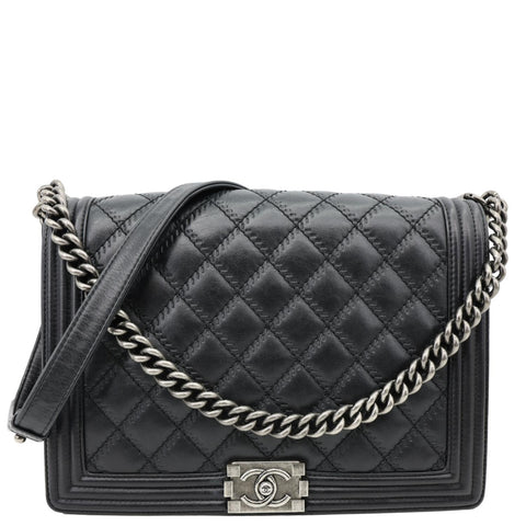 CHANEL Boy New Medium Wild Stitch Leather Shoulder Bag Black