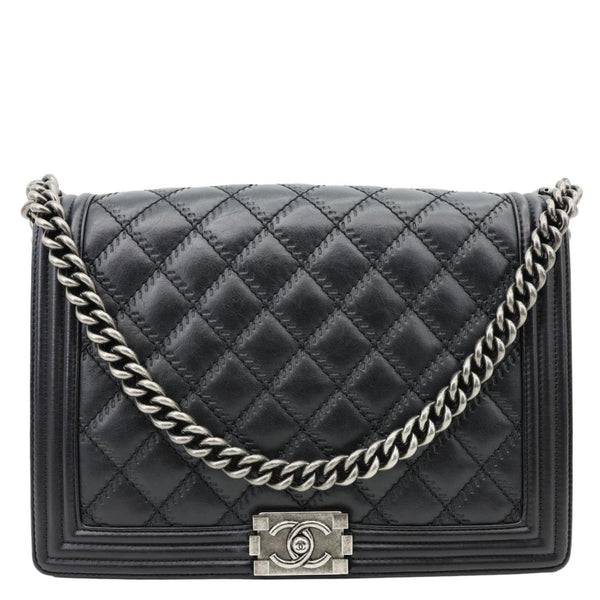 CHANEL Boy New Medium Wild Stitch Leather Shoulder Bag Black