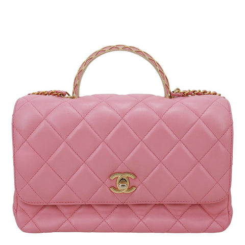 CHANEL Top Handle Quilted Lambskin Leather Wallet On Chain Shoulder Bag Pink
